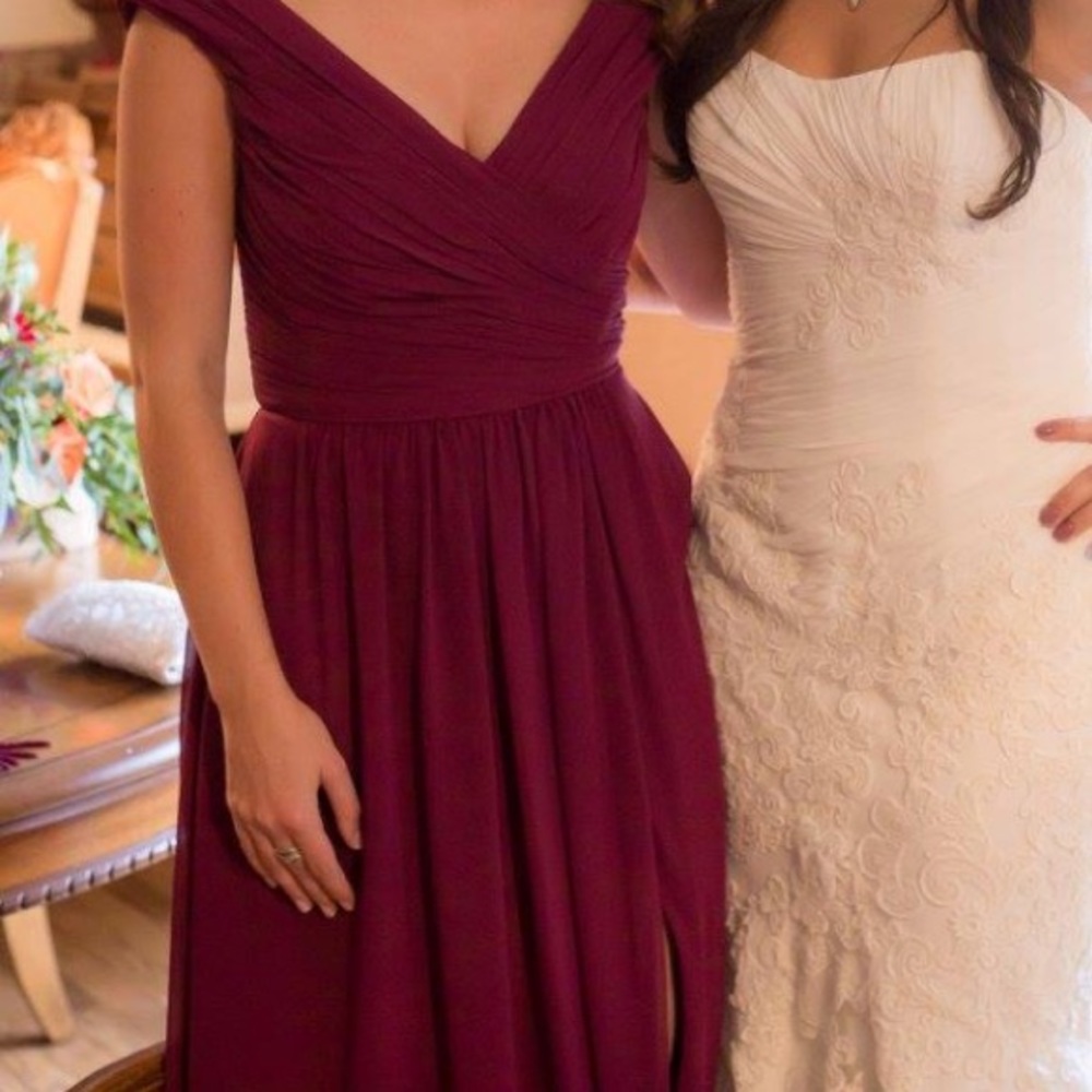 Beautiful off the shoulder maroon bridesmaid dress